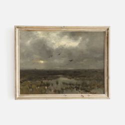 vintage rustic landscape print, moody and calm scene, gloomy evening marsh, giclee fine art print