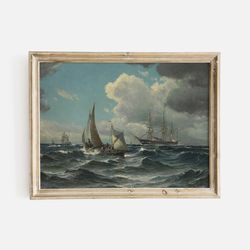 seascape, strong waves and fishing boat marine painting, premium fine art print of antique oil painting