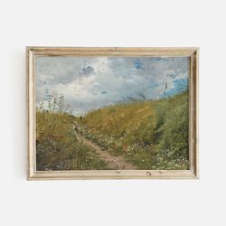 summer meadow art print, countryside scene, field landscape art, vintage meadow flowers, nature landscape painting