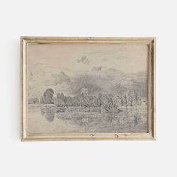 vintage sketch print of a church across the river, antique landscape sketch, neutral farmhouse print, vintage sketch art