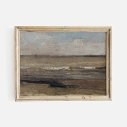 european seascape print, antique oil painting, vintage moody beach painting, ocean painting, altered art, printed and sh