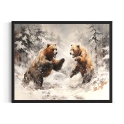 bear fighting poster art print, winter scenery artwork wall art painting