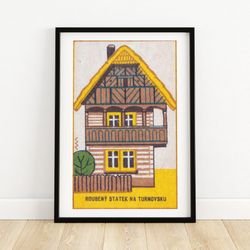 log farmhouse - matchbox print - aesthetic wall art - vintage art - matchbox wall poster - vintage poster print