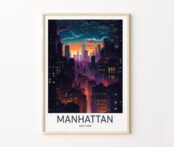 manhattan dark night new york travel print, new york travel poster wall art, new york manhattan wall art, city skyline t