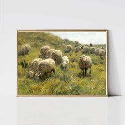 vintage sheep painting  rustic meadow landscape  country spring wildflower print  printable farmhouse wall art  digital