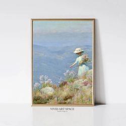 gathering flowers  vintage art print  rustic country painting  spring wildflowers landscape poster  printable wall art d