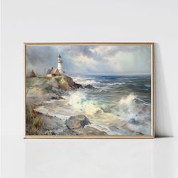 vintage lighthouse landscape painting  moody coastal seascape print  clouds and waves  printable beach house wall art  d