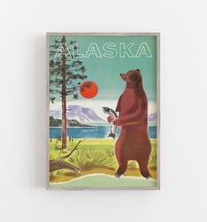 bear wall art, alaska wall art, vintage wall art, alaska travel print, bear print, vintage poster art