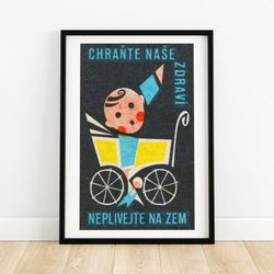 baby in yellow stroller - matchbox print - czech wall art - vintage czech art - matchbox wall poster - vintage poster pr