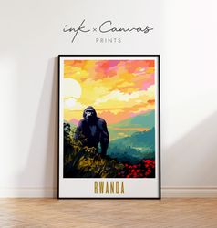 rwanda travel poster volcanoes national park rwanda art maximal decor mid century modern wall art african mountain goril