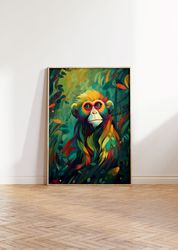 tropical monkey maximalist wall art printable poster chimpanzee naive art aesthetic print animal wall hanging tropical h