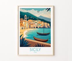 sicily italy travel poster wall art, sicily island coast poster, coast landscape wall art, italy coast travel print, tra