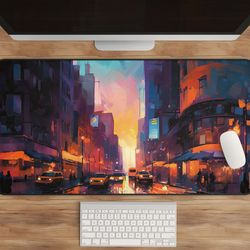 abstract nyc desk mat, colorful night cityscape mousepad, urban art, street scene decor, office accessory, desk organize