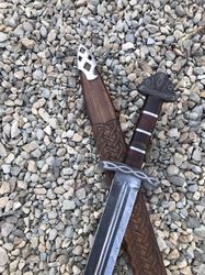 hand forged damascus steel viking sword with wood scabbard, battel ready sword, gifts for husband, christmas gifts,