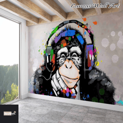thinking monkey, colorful monkey wallpaper, music lover monkey mural, animal wall decor, dj monkey wall decor,