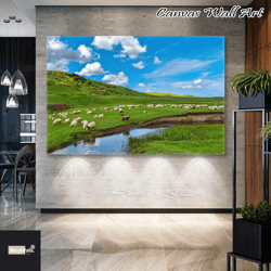 trabzon plateau landscape stream sheep black sea roll up canvas, stretched canvas art, framed wall art painting