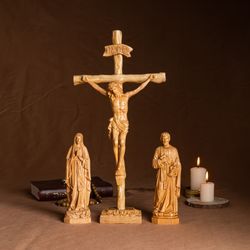 set 3- catholic home altar for family, religious catholic statue, wooden religious gifts, native wood wall art, crucifix