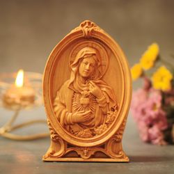 wooden reliefs of immaculate heart of mary,  religious catholic statue, wooden religious gifts, housewarming gift