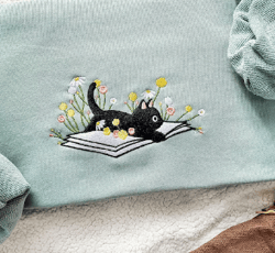 cute lying on the book cat embroidered sweatshirt,embroidered daisy crewneck,reading sweatshirt,books reading, gift for