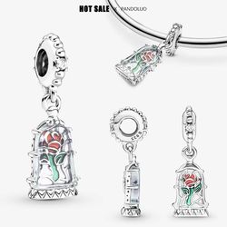 disney beauty and the beast enchanted rose dangle charm beads fits pandora bracelet women 925 silver pendant bead jewelr