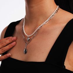 layered necklace elegant short style pearl heart pendant rectangular buckle versatile round card can be worn