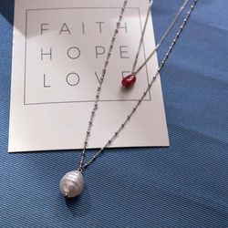 stacked cinnabar red small pendant with collarbone chain freshwater pearl long chain can be worn alone for fashion