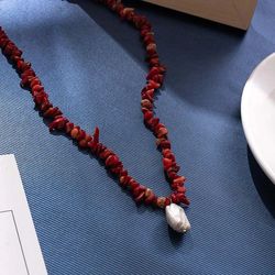 bohemian natural irregular red coral stone patchwork pearl pendant necklace beach beach vacation fashion versatile trend