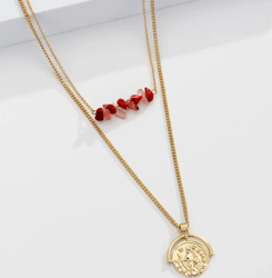 red coral stone patchwork crystal stone roman relief coin pendant double layer necklace design antique coin round card