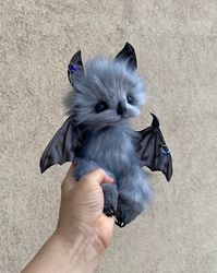 on order bat benya fur bat, gray bat, blue eyes, furry doll, soft doll, fur doll, stuffed toy, plush bat, soft bat