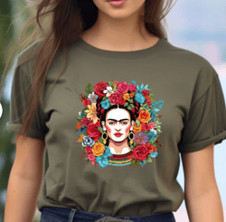 frida the feminist icon, frida's flower crown t-shirt, frida kahlo tee, frida's colorful spirit tee, artista frida t-shi