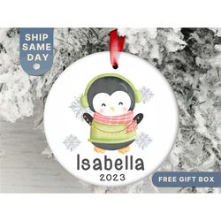 personalized girls christmas ornament, custom baby girl penguin ornament gift, custom kids christmas ornament, child gif