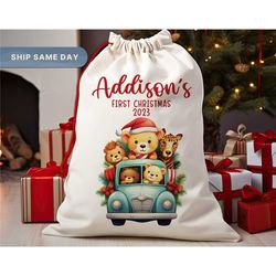 personalized kids santa sack, christmas presents bag, custom gift bag with name for kids, christmas sack, (sp-9animals)