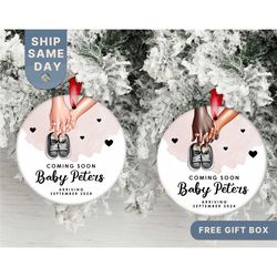 baby coming soon christmas ornament, custom expecting parents ornament, baby announcement keepsake gift, (or-70)