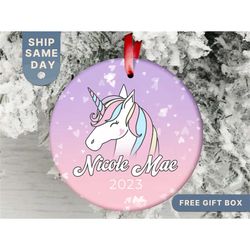 girl's personalized ornament, unicorn ornament, custom name holiday ornament, baby girl keepsake, personalized girl gift