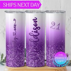 21st birthday milestone birthday tumbler with straw, personalized name 21st birthday girl gift for her, ombre chunky pin
