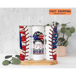 baseball mama tumbler gift for mom, messy bun baseball mom cup, baseball usa mom tumbler, baseball mom cup, american bas