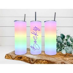 pastel rainbow tumbler, personalized tumbler, double wall insulated, gift, tumbler with lid & straw, custom tumbler