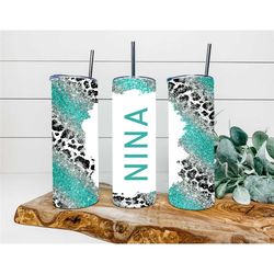 teal cheetah gold agate faux glitter tumbler, personalized tumbler, double wall insulated, gift, tumbler with lid & stra