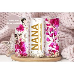 personalized nana tumbler for mothers day, custom nana cup with grandkids names, pink floral nana travel cup, cute nana