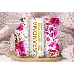 personalized grandma tumbler for mothers day, custom grandma cup with grandkids names, pink floral grandma travel cup, g