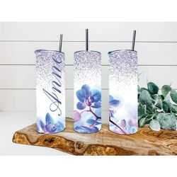 blue skies orchid personalized tumbler, personalized tumbler, double wall insulated, gift, tumbler with lid & straw, cus