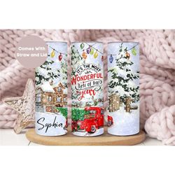 personalized christmas tumbler, custom holiday tumbler cup, red truck christmas travel cup, christmas gift, cute winter