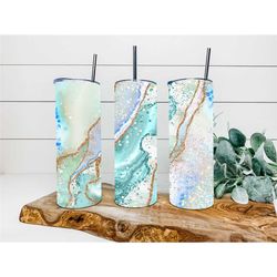aqua gold faux geode glitter tumbler, personalized tumbler, double wall insulated, gift, tumbler with lid & straw