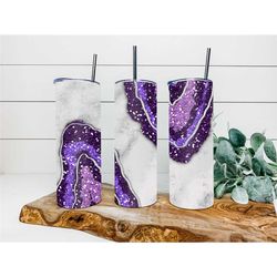 deep purple water faux geode glitter tumbler, personalized tumbler, double wall insulated, gift, tumbler with lid & stra
