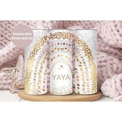 yaya tumbler for mothers day gift for grandma, gold leopard rainbow yaya travel cup, gift for yaya from grandkids, cheet