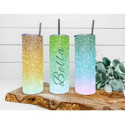 ombre personalized faux glitter name tumbler, cute custom glitter tumbler for her gift, glitter ombre tumbler cup