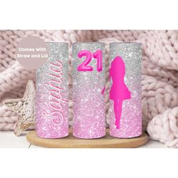 personalized 21st milestone birthday tumbler with straw, custom glitter 21st birthday gift for women, pink ombre 21st bi