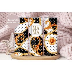 chain print mama tumbler for mom for mother's day, mothers day gift for mama, black floral mama travel cup, gold mama tu