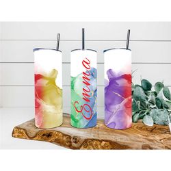rainbow explosion faux alcohol tumbler, personalized tumbler, double wall insulated, gift, tumbler with lid & straw, cus