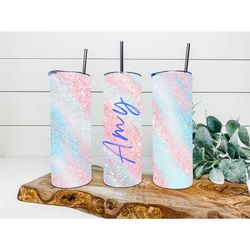 blue clouds milkyway faux glitter tumbler, personalized tumbler, double wall insulated, gift, tumbler with lid & straw,